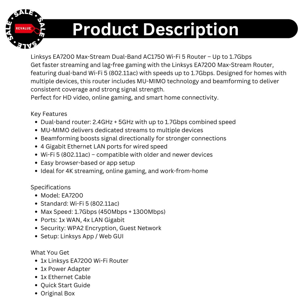 Linksys Max-Stream EA7200‎ Router – AC1750 Dual-Band Wi-Fi 5, 1.7Gbps Speed - Picture 2 of 12